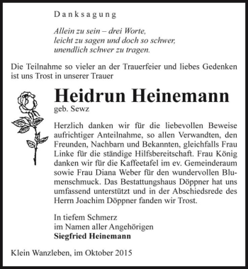 Traueranzeige von Heidrun Heinemann (geb. Sewz)  von Magdeburger Volksstimme
