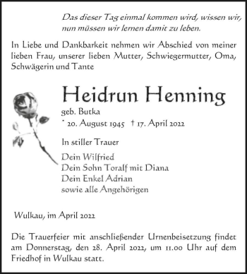 Traueranzeige von Heidrun Henning (geb. Butka)  von Magdeburger Volksstimme