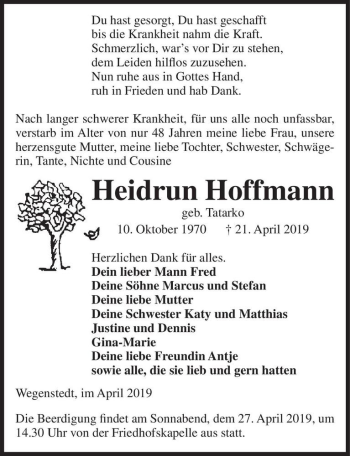 Traueranzeige von Heidrun Hoffmann (geb. Tatarko)  von Magdeburger Volksstimme