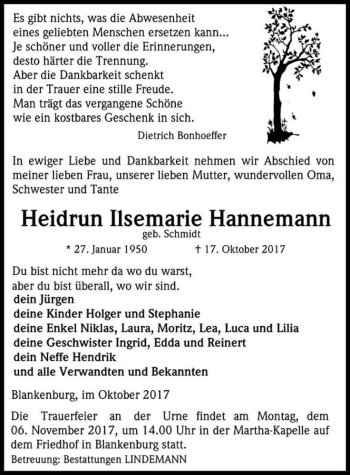 Traueranzeige von Heidrun Ilsemarie Hannemann (geb. Schmidt)  von Magdeburger Volksstimme