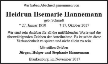 Traueranzeige von Heidrun Ilsemarie Hannemann (geb. Schmidt)  von Magdeburger Volksstimme