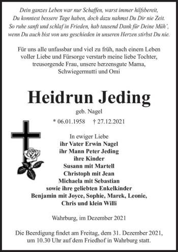 Traueranzeige von Heidrun Jeding (geb. Nagel)  von Magdeburger Volksstimme