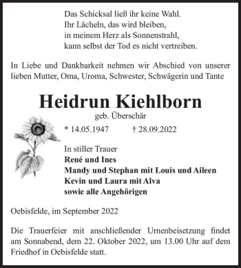 Traueranzeige von Heidrun Kiehlborn (geb. Überschär)  von Magdeburger Volksstimme