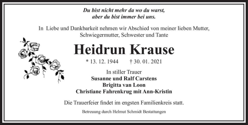  Traueranzeige für Heidrun Krause  vom 13.02.2021 aus Magdeburger Volksstimme