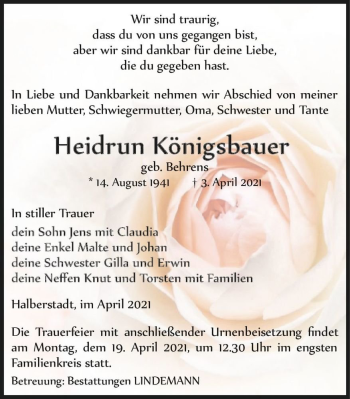 Traueranzeige von Heidrun Königsbauer (geb. Behrens)  von Magdeburger Volksstimme