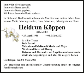 Traueranzeige von Heidrun Köppen (geb. Deike)  von Magdeburger Volksstimme