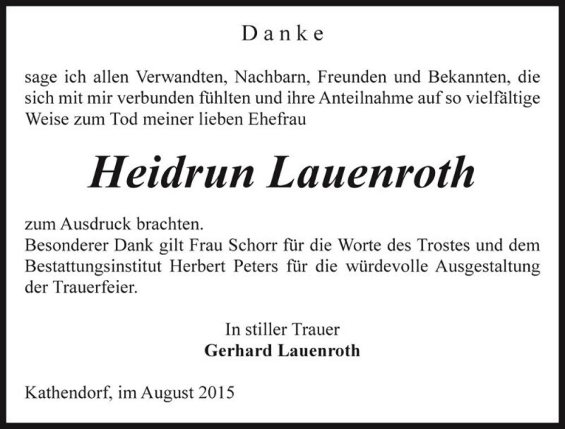  Traueranzeige für Heidrun Lauenroth  vom 27.08.2015 aus Magdeburger Volksstimme