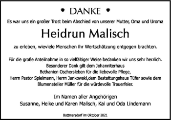 Traueranzeige von Heidrun Malisch  von Magdeburger Volksstimme