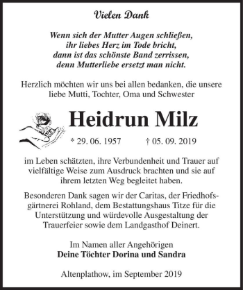 Traueranzeige von Heidrun Milz  von Magdeburger Volksstimme