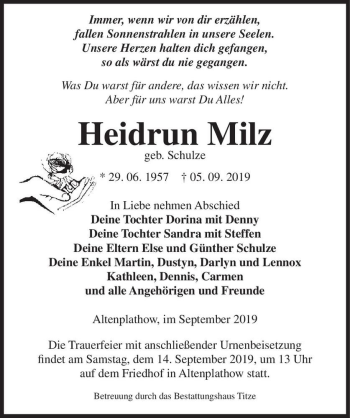 Traueranzeige von Heidrun Milz (geb. Schulze)  von Magdeburger Volksstimme