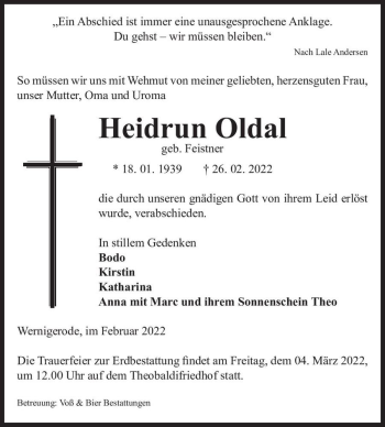 Traueranzeige von Heidrun Oldal (geb. Feistner)  von Magdeburger Volksstimme
