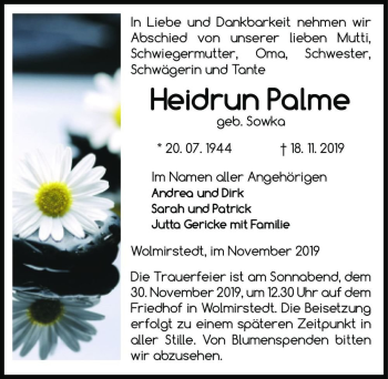 Traueranzeige von Heidrun Palme (geb. Sowka)  von Magdeburger Volksstimme