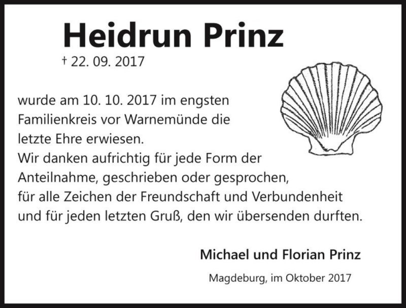  Traueranzeige für Heidrun Prinz  vom 21.10.2017 aus Magdeburger Volksstimme