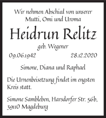 Traueranzeige von Heidrun Relitz (geb. Wegener)  von Magdeburger Volksstimme