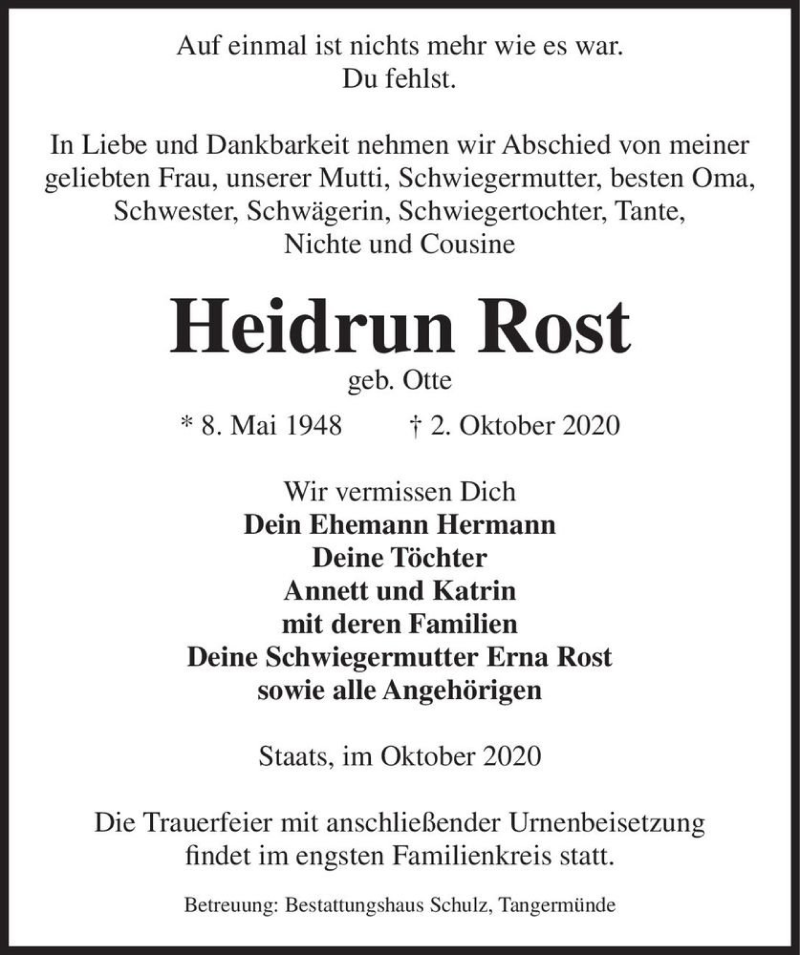  Traueranzeige für Heidrun Rost (geb. Otte)  vom 10.10.2020 aus Magdeburger Volksstimme