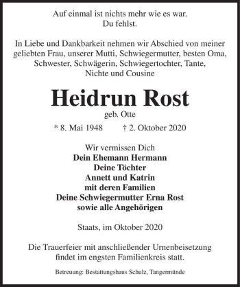 Traueranzeige von Heidrun Rost (geb. Otte)  von Magdeburger Volksstimme