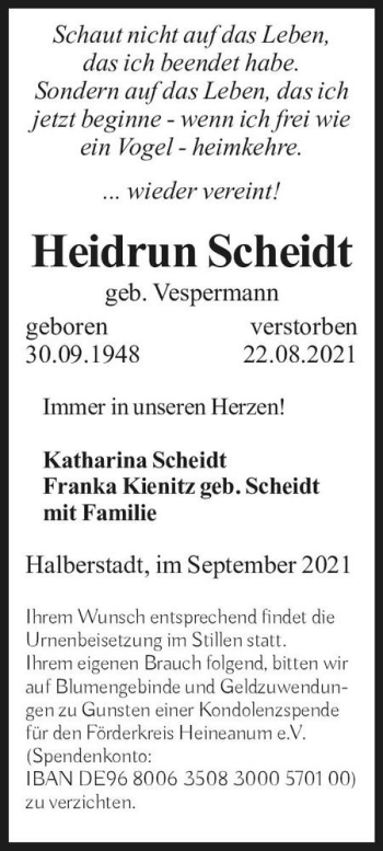 Traueranzeige von Heidrun Scheidt (geb. Vespermann)  von Magdeburger Volksstimme