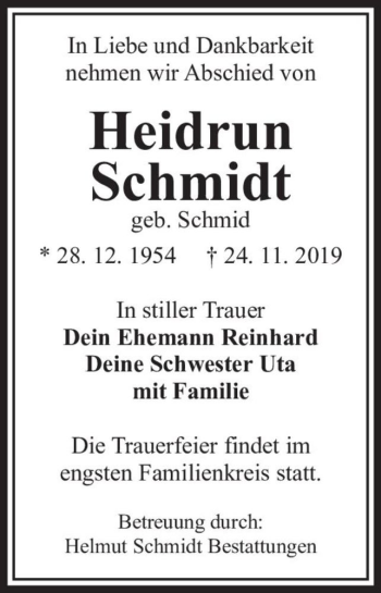 Traueranzeige von Heidrun Schmidt (geb. Schmid)  von Magdeburger Volksstimme