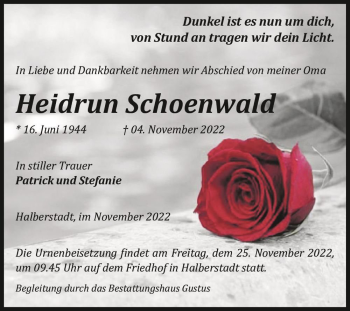 Traueranzeige von Heidrun Schoenwald  von Magdeburger Volksstimme