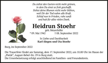Traueranzeige von Heidrun Stoehr (geb. Meyerhöfer)  von Magdeburger Volksstimme