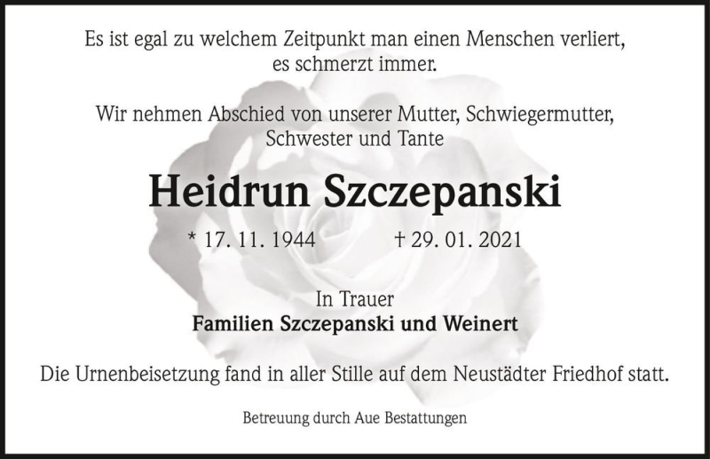  Traueranzeige für Heidrun Szczepanski  vom 20.02.2021 aus Magdeburger Volksstimme