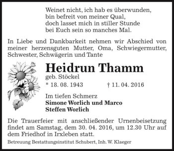 Traueranzeige von Heidrun Thamm (geb. Stöckel)  von Magdeburger Volksstimme