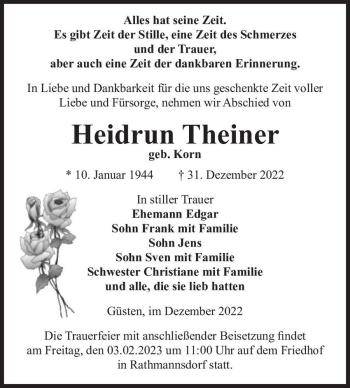 Traueranzeige von Heidrun Theiner (geb. Korn)  von Magdeburger Volksstimme