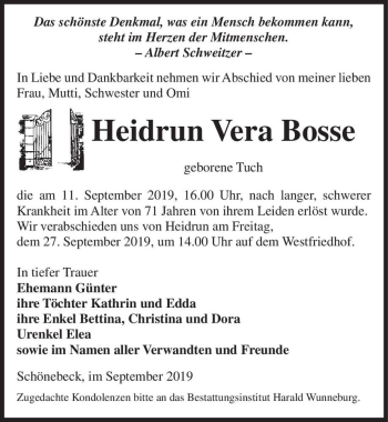 Traueranzeige von Heidrun Vera Bosse (geb. Tuch)  von Magdeburger Volksstimme