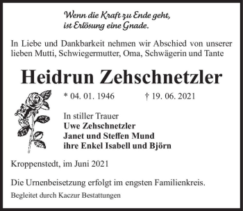 Traueranzeige von Heidrun Zehschnetzler  von Magdeburger Volksstimme