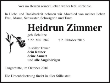 Traueranzeige von Heidrun Zimmer (geb. Schultze)  von Magdeburger Volksstimme