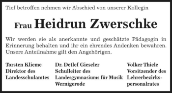 Traueranzeige von Heidrun Zwerschke  von Magdeburger Volksstimme