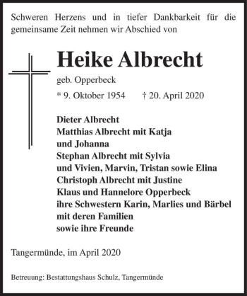 Traueranzeige von Heike Albrecht (geb. Opperbeck)  von Magdeburger Volksstimme
