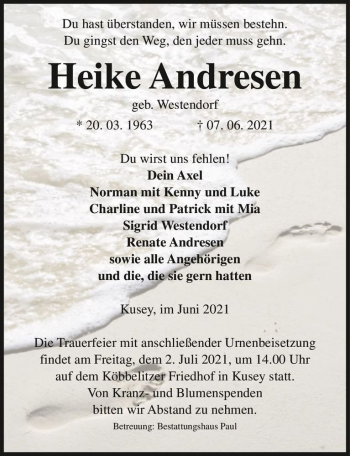 Traueranzeige von Heike Andresen (geb. Westendorf)  von Magdeburger Volksstimme