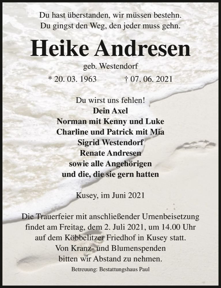  Traueranzeige für Heike Andresen (geb. Westendorf)  vom 10.06.2021 aus Magdeburger Volksstimme