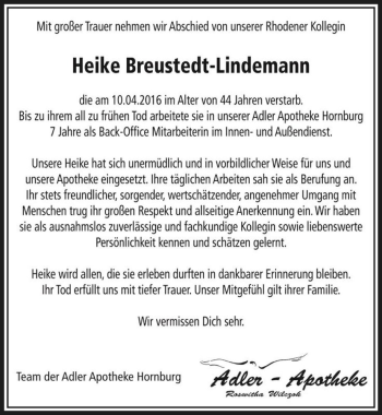 Traueranzeige von Heike Breustedt-Lindemann  von Magdeburger Volksstimme