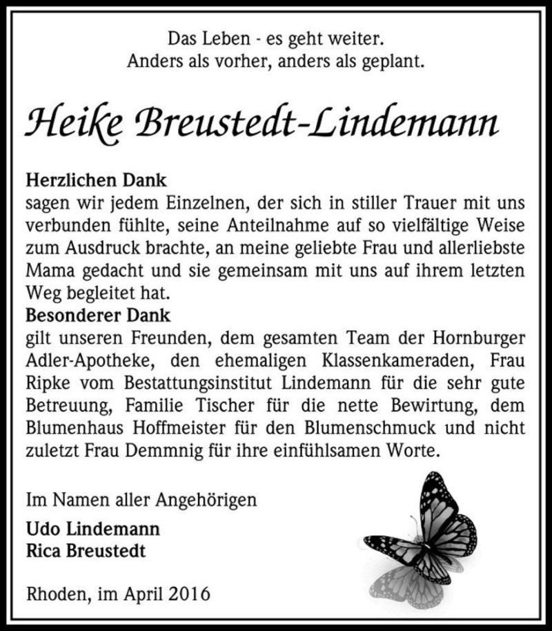  Traueranzeige für Heike Breustedt-Lindemann  vom 07.05.2016 aus Magdeburger Volksstimme