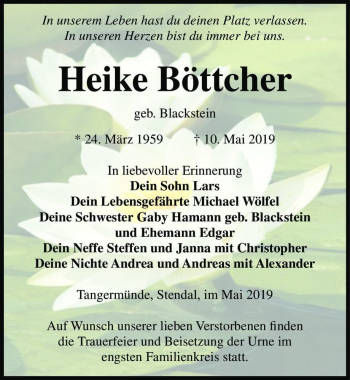 Traueranzeige von Heike Böttcher (geb. Blackstein)  von Magdeburger Volksstimme