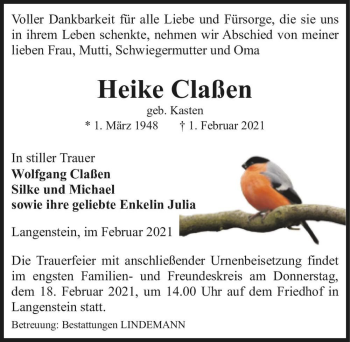 Traueranzeige von Heike Claßen (geb. Kasten)  von Magdeburger Volksstimme