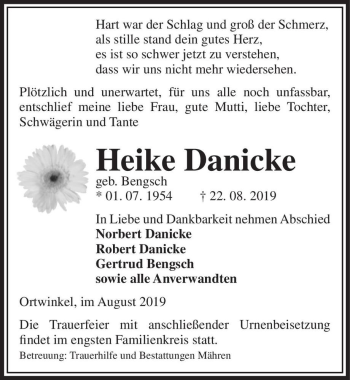 Traueranzeige von Heike Danicke (geb. Bengsch)  von Magdeburger Volksstimme