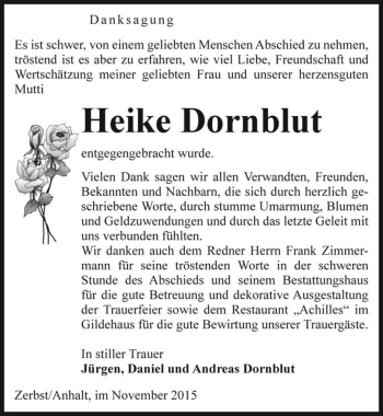 Traueranzeige von Heike Dornblut  von Magdeburger Volksstimme