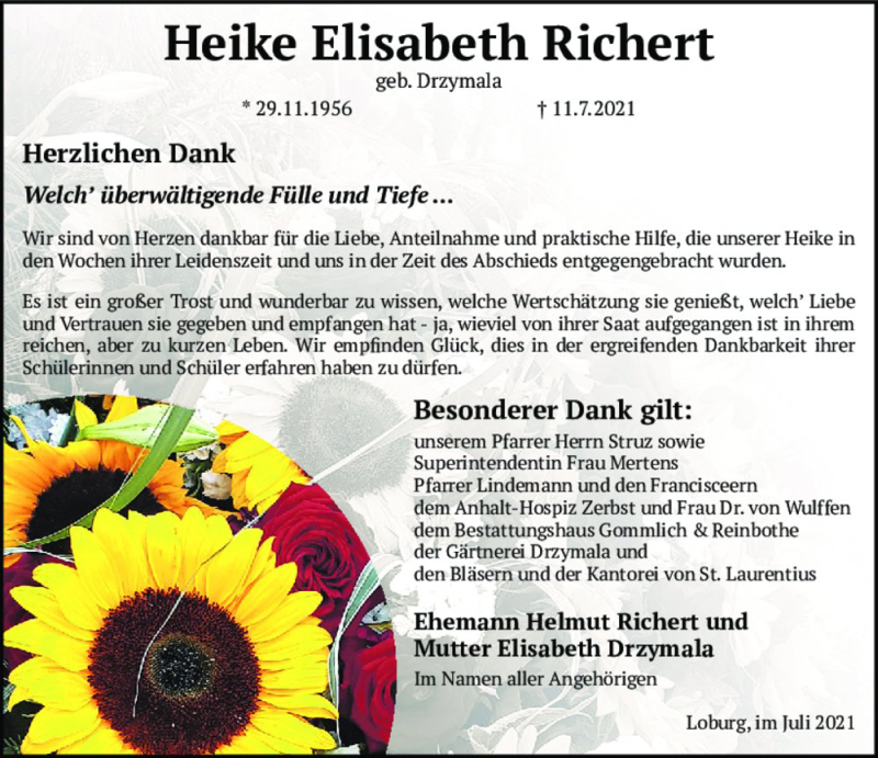  Traueranzeige für Heike Elisabeth Richert (geb. Drzymala)  vom 31.07.2021 aus Magdeburger Volksstimme
