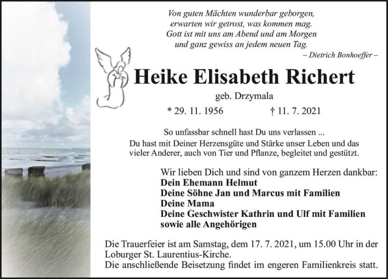  Traueranzeige für Heike Elisabeth Richert (geb. Drzymala)  vom 15.07.2021 aus Magdeburger Volksstimme