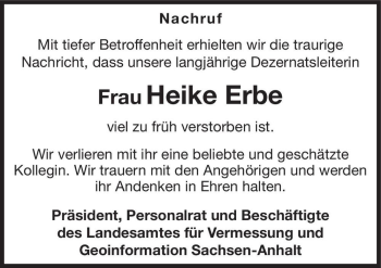 Traueranzeige von Heike Erbe  von Magdeburger Volksstimme