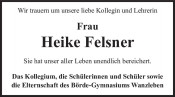 Traueranzeige von Heike Felsner  von Magdeburger Volksstimme