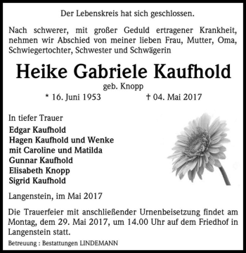 Traueranzeige von Heike Gabriele Kaufhold (geb. Knopp)  von Magdeburger Volksstimme