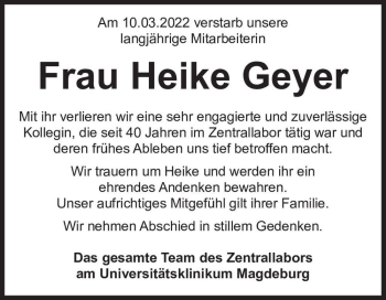 Traueranzeige von Heike Geyer  von Magdeburger Volksstimme