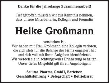 Traueranzeige von Heike Großmann  von Magdeburger Volksstimme