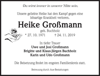 Traueranzeige von Heike Großmann (geb. Buchholz)  von Magdeburger Volksstimme