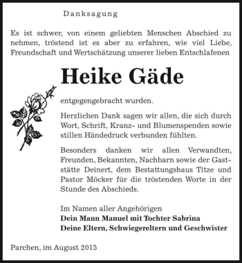 Traueranzeige von Heike Gäde  von Magdeburger Volksstimme