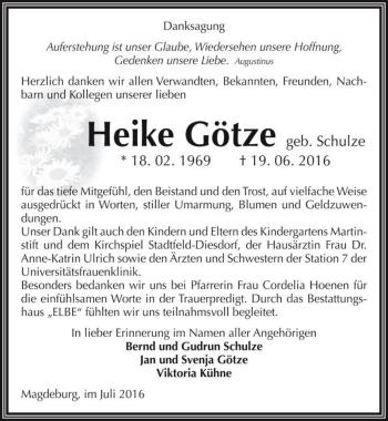 Traueranzeige von Heike Götze (geb. Schulze)  von Magdeburger Volksstimme